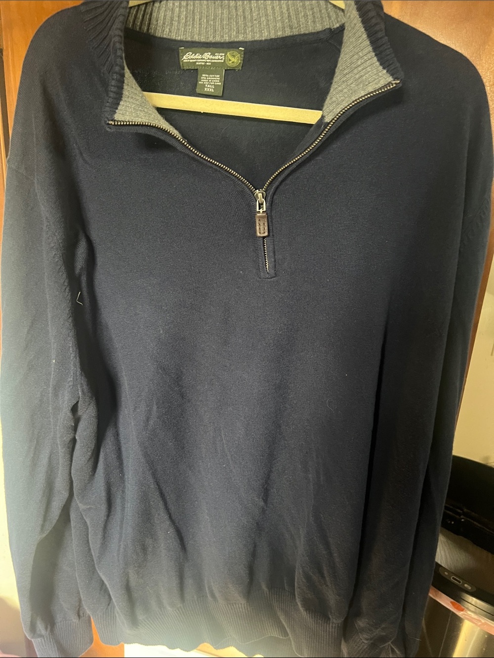 Eddie Bauer Men's Navy Half-Zip Sweater with Gray Contrast Collar